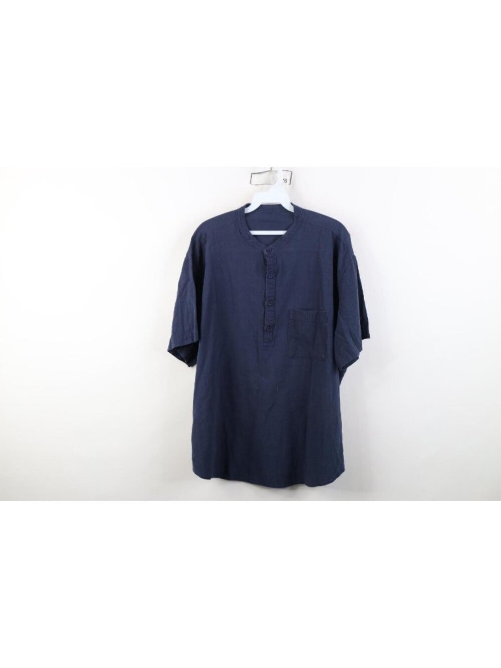 Vtg 90s Streetwear Mens 2XL Gauzy Linen Blend Band Collar Henley T-Shirt Blue